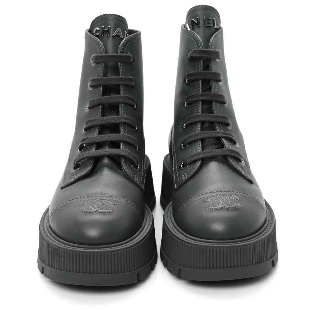 Chanel 2024 Grained Calfskin Grey Calfskin CC Lace Up Combat Boots Size 40